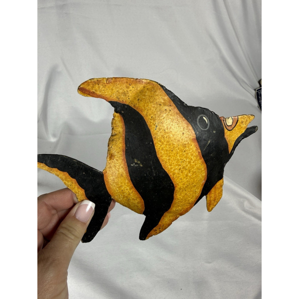 Hand Painted Metal Tropical Fish Art Orange Black Folk Art Decor